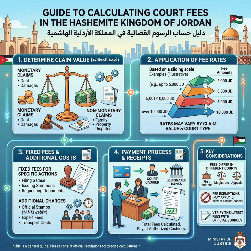 Guide to calculating court fees in Jordan with steps for claim value, fee rates, fixed fees, payment process, and key considerations